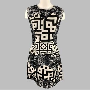 LOUISE GRAY Size 10 Black White Wool Silk Abstract Shift Dress